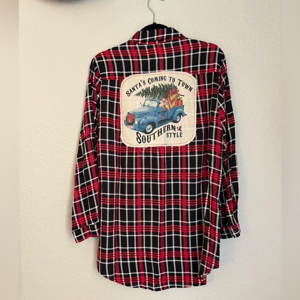 Boho Jane Boutique Christmas Plaid Oversized Button Up Southern Style Santa